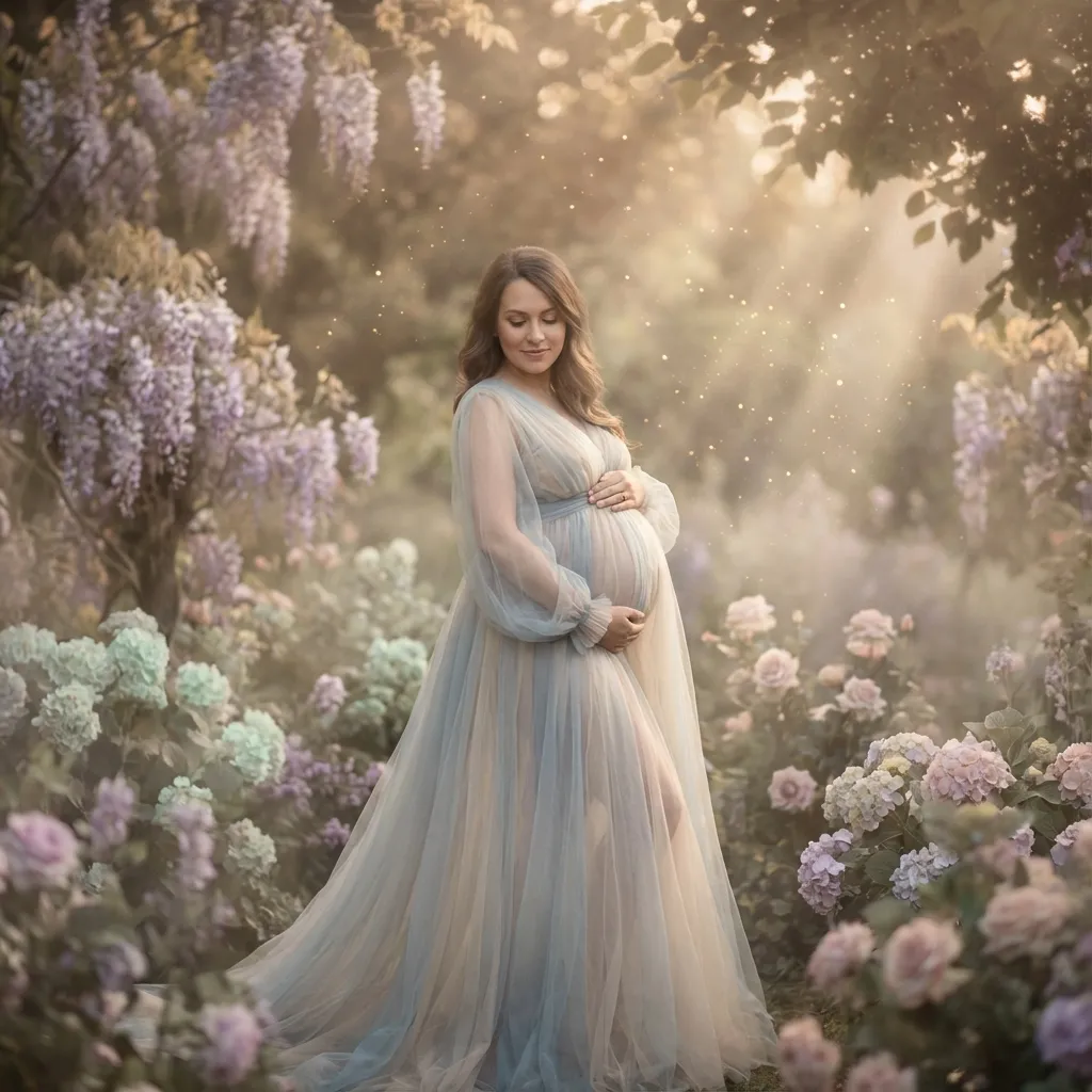 Verträumtes Garten-Umstandsfoto mit Glyzinien