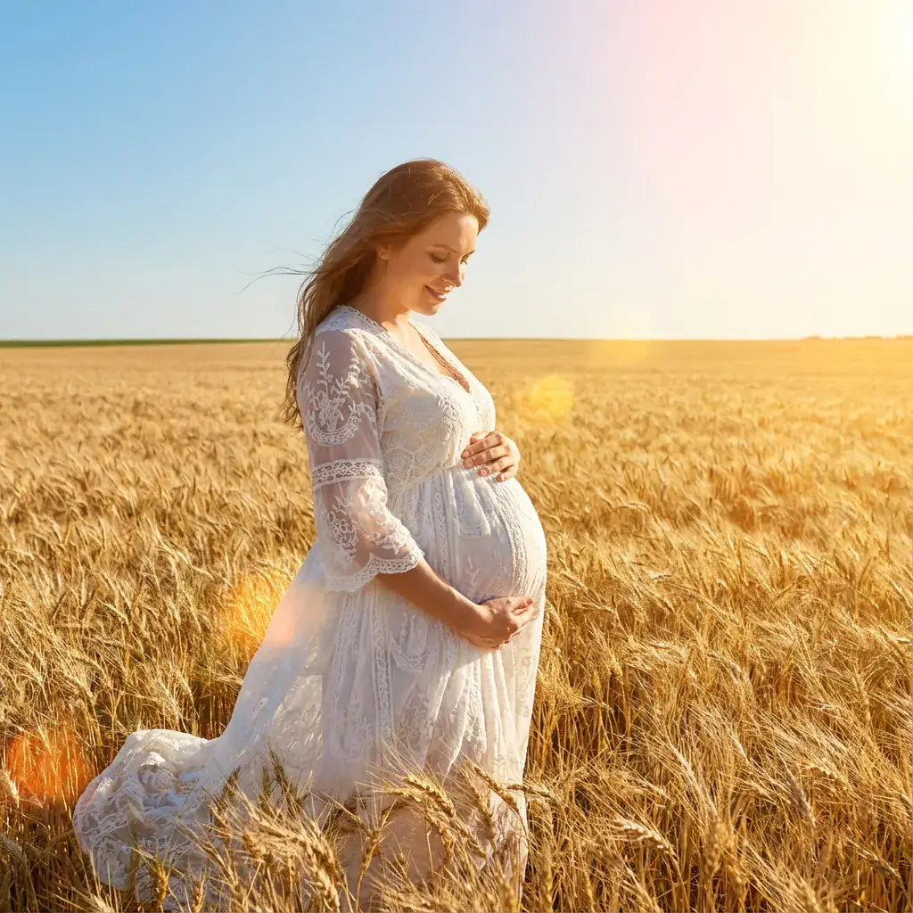 Goldenes Weizenfeld-Umstandsfoto mit blauem Himmel